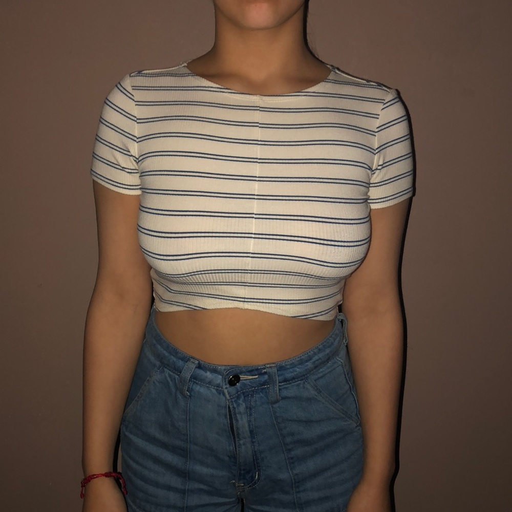 blue and white striped crop top